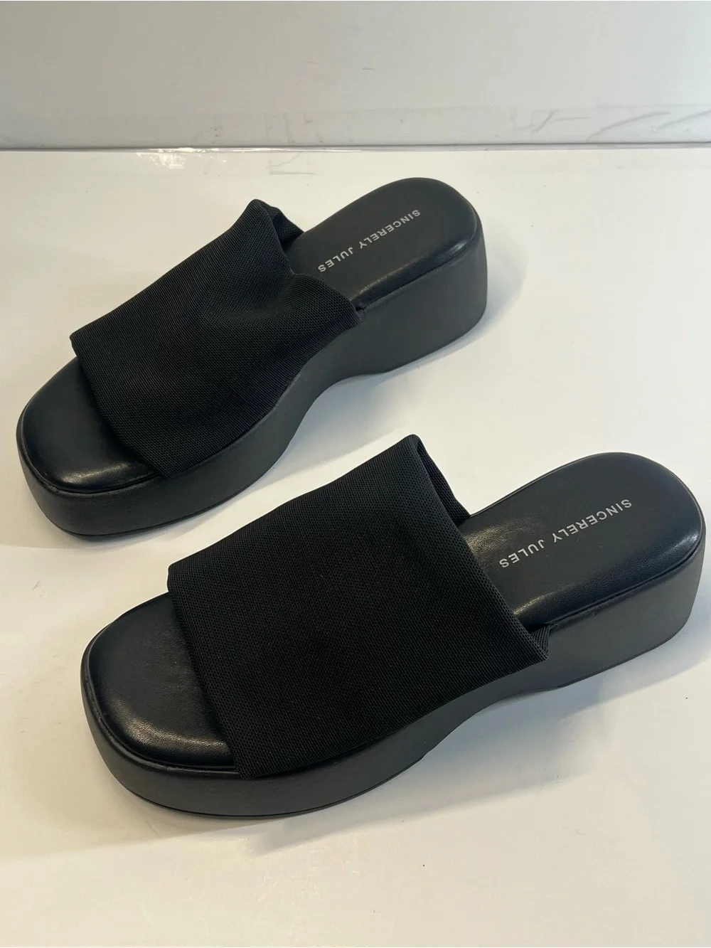 Sincerely Jules Black Platform Wedge Slide Sandals Stretch Fabric